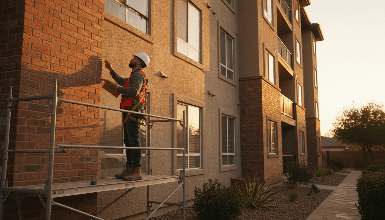 Maintenance professional inspecting building exterior
