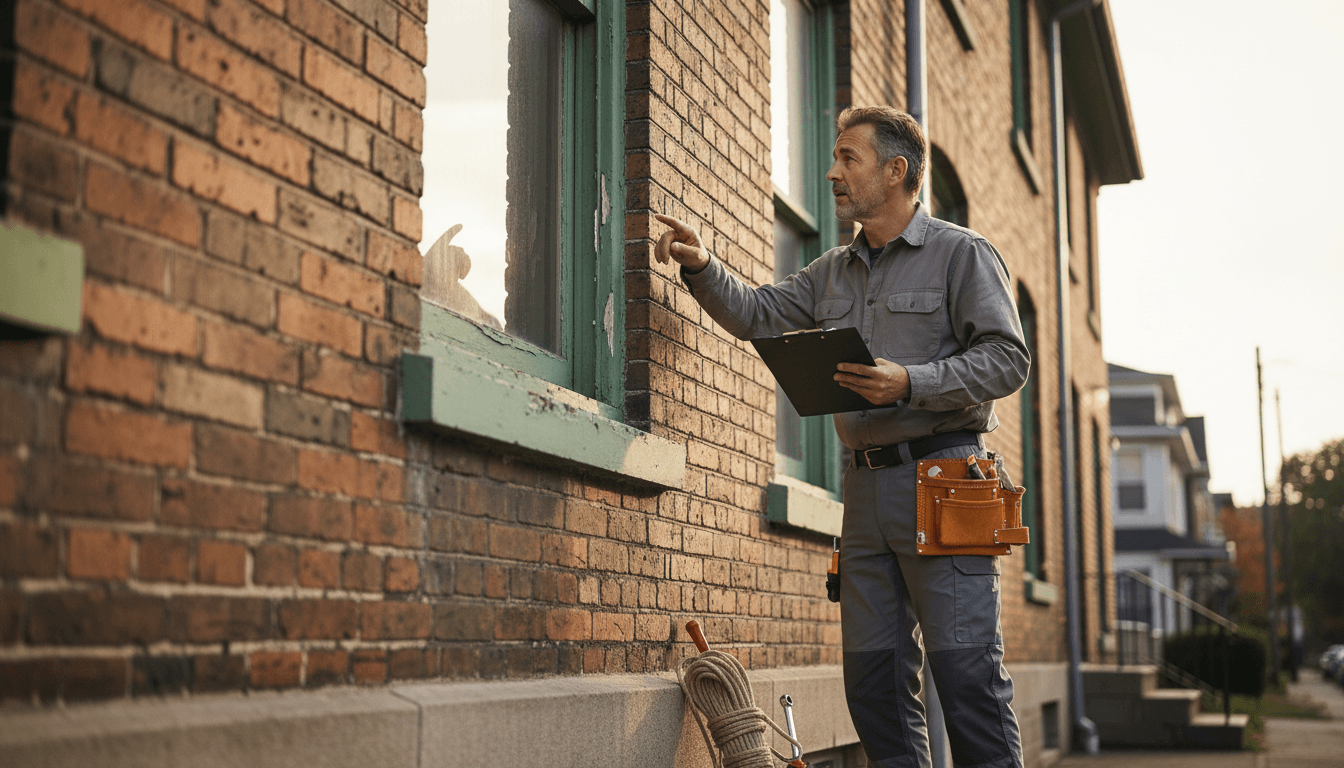 Maintenance professional inspecting property exterior