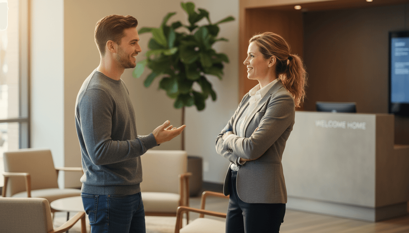 Property manager assisting a resident in building lobby