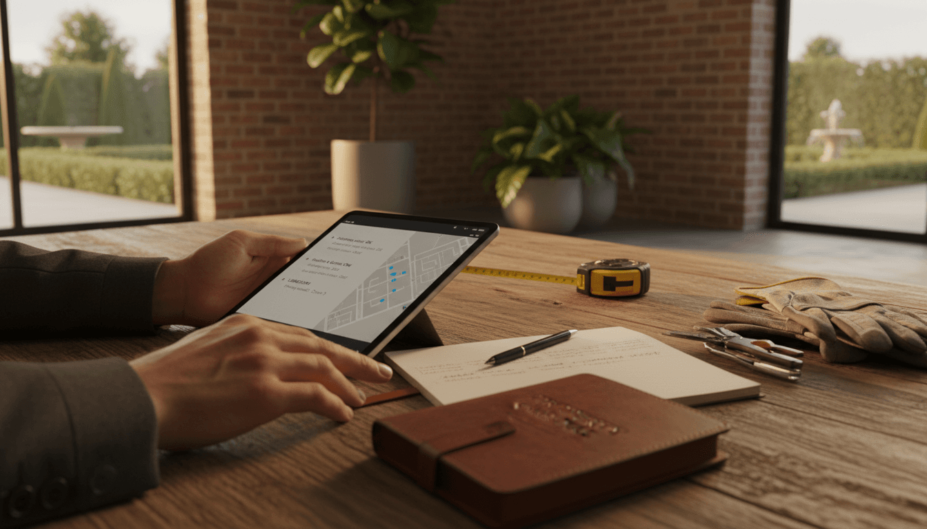 A warm, artisanal aesthetic close-up shot of hands checking maintenance equipment or reviewing property inspection notes in a well-maintained common area.