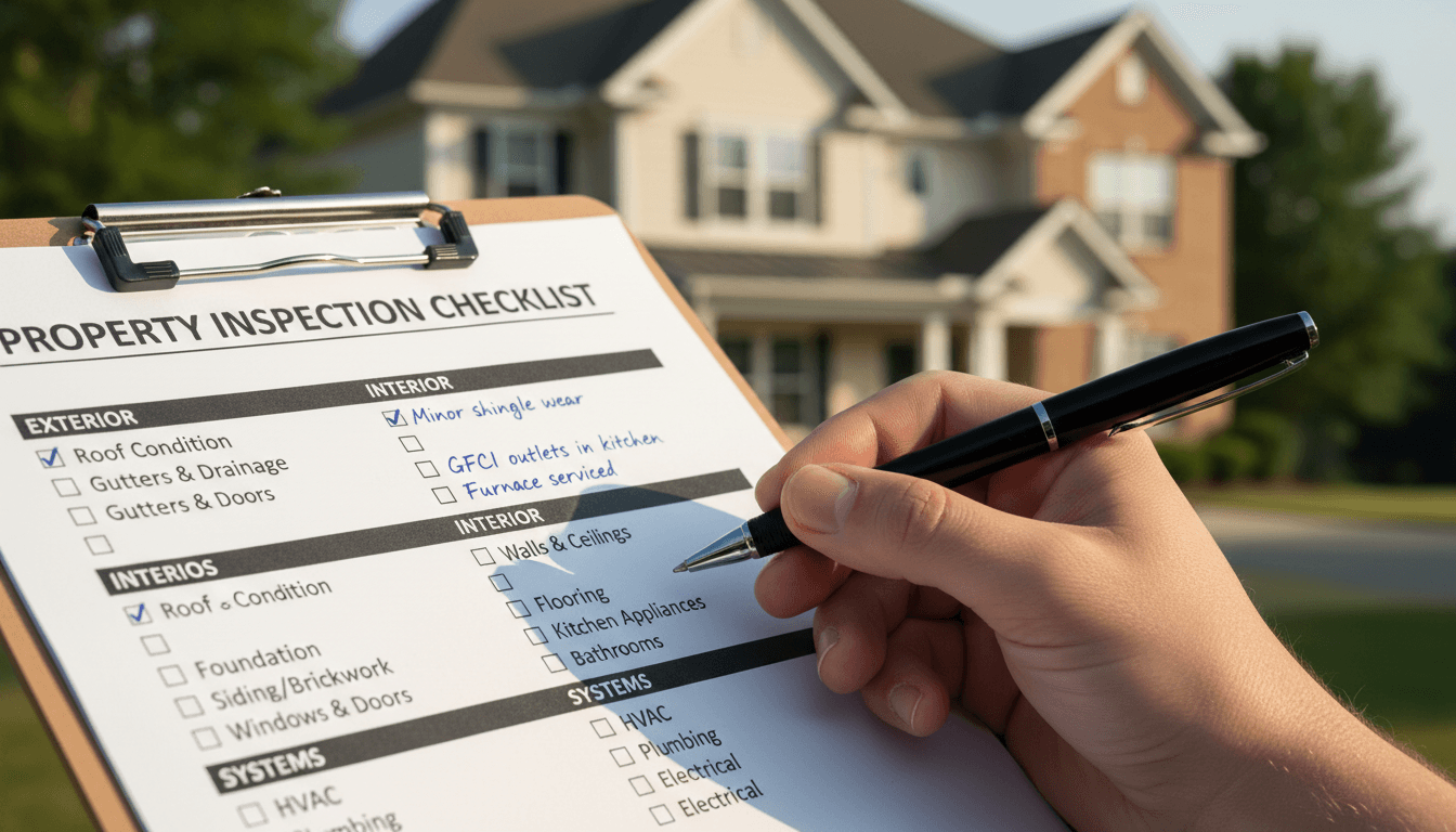 Property inspection checklist with systematic notes and building oversight details