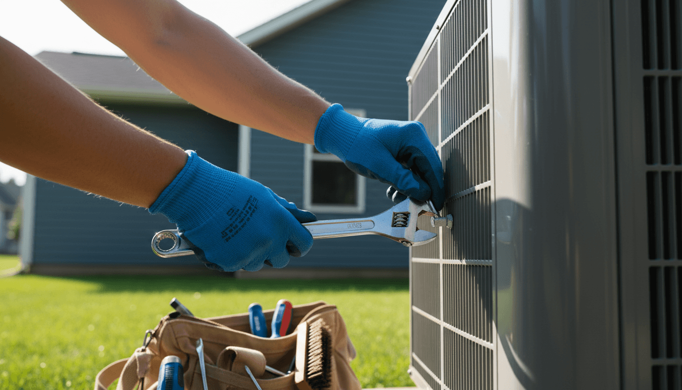Technician performing HVAC maintenance on residential unit