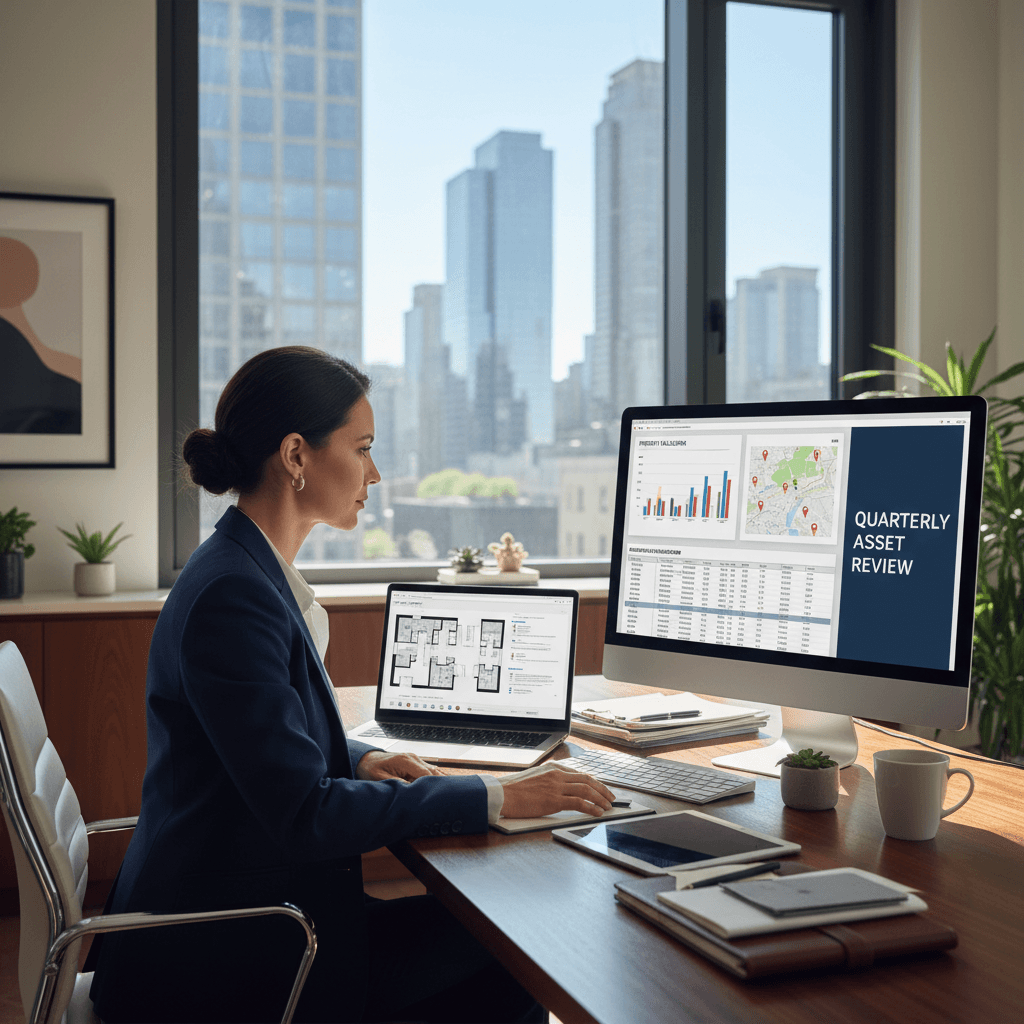 real estate professional reviewing financial reports and property data on computer in professional office