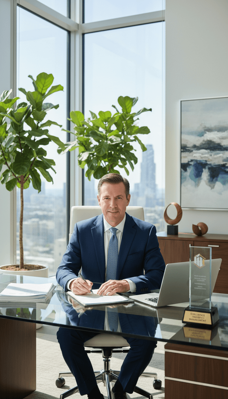A property manager in a modern office, working at a desk with natural light.