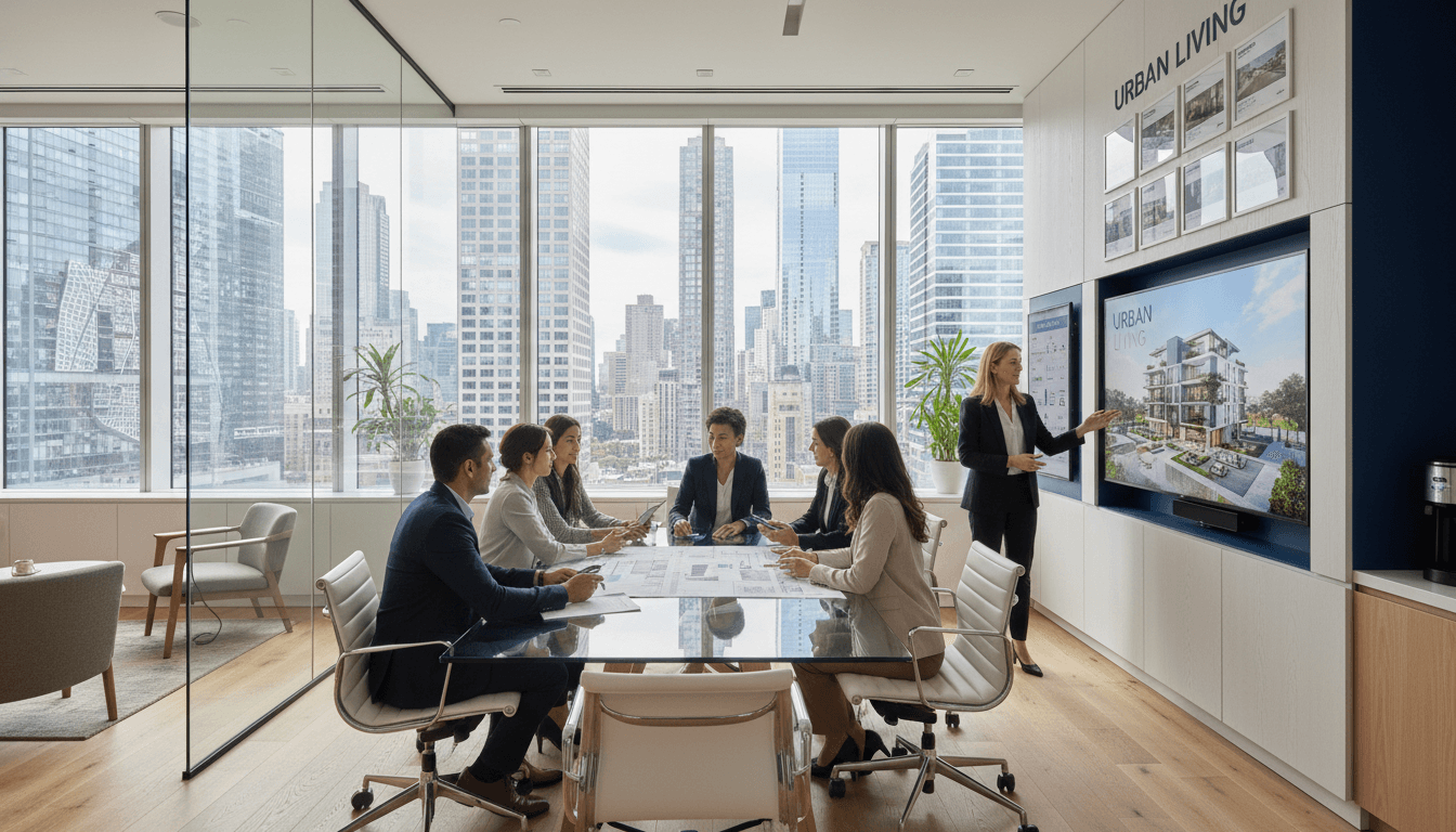 modern real estate professional meeting with clients in bright contemporary home office setting