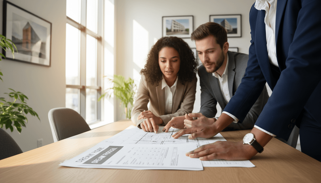 Real estate professional consulting with clients at desk in bright modern office space