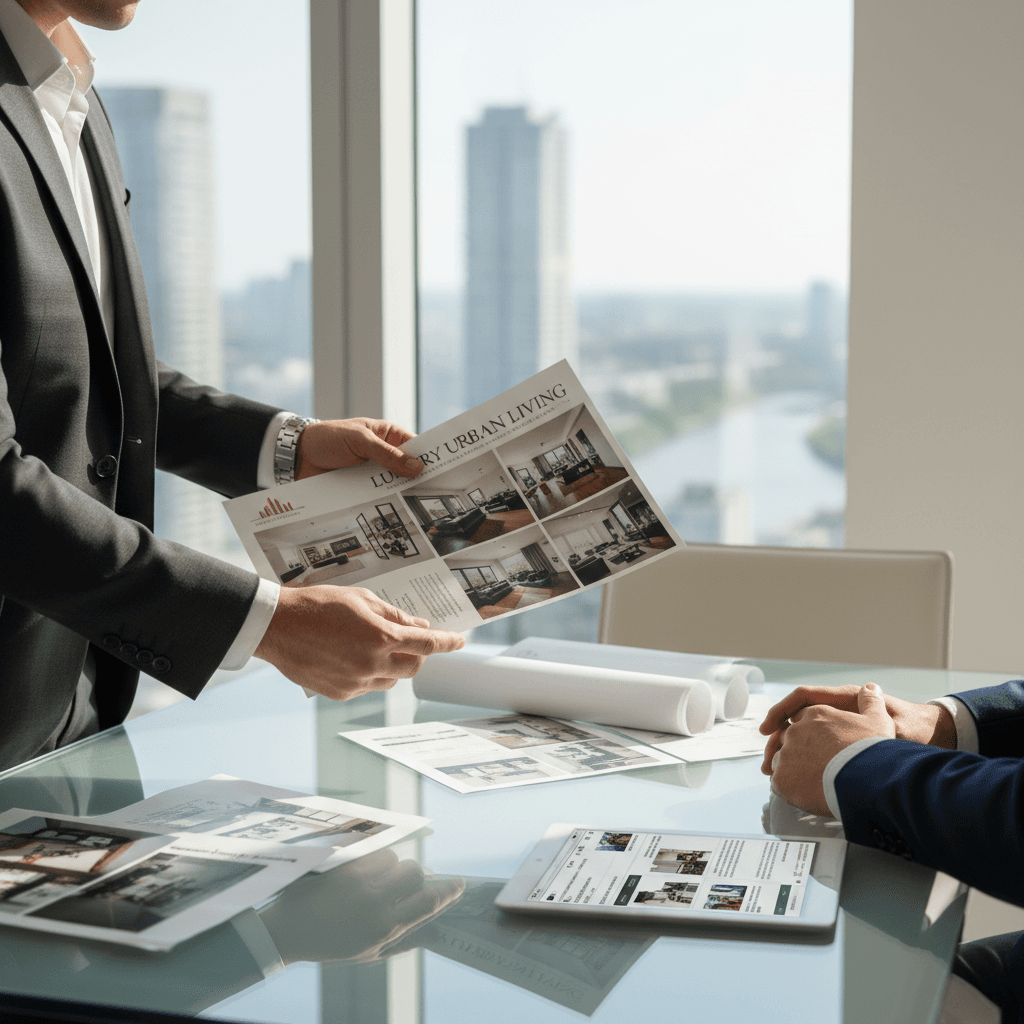 Real estate professional reviewing property documents with clients