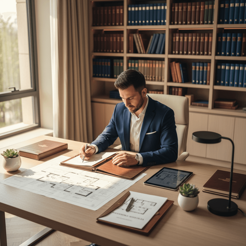 Concierge professional reviewing property documents and floor plans at modern desk with natural afternoon light