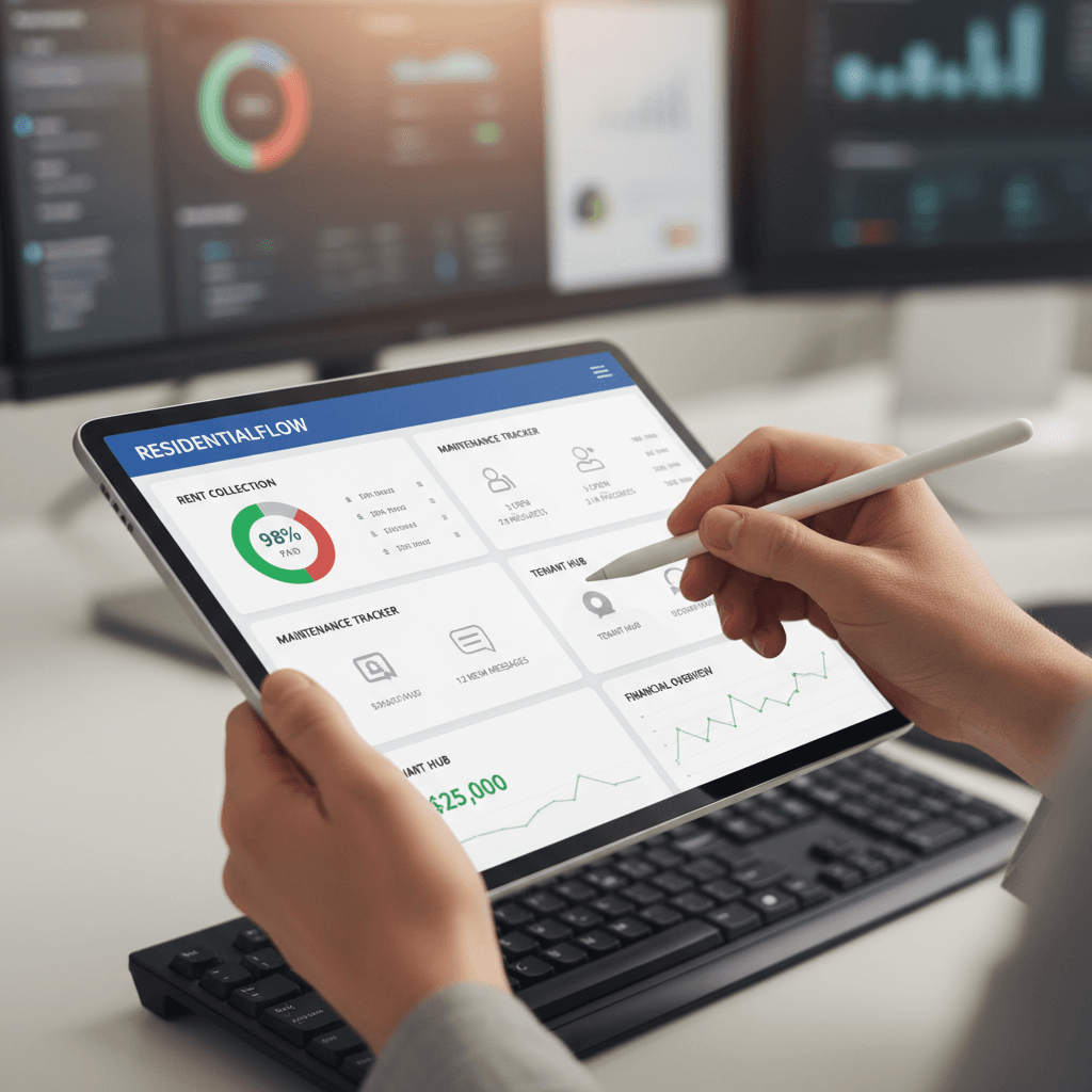 Close-up of property manager using stylus on tablet displaying property management software dashboard with analytics